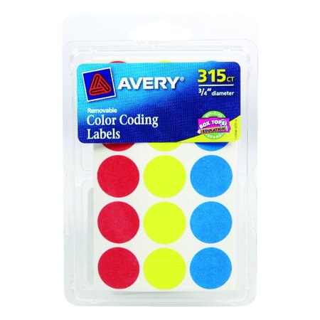 AVERY 0.75 in. H X 3/4 in. W Round Assorted Color Coding Label 315 pk, 315PK 06167